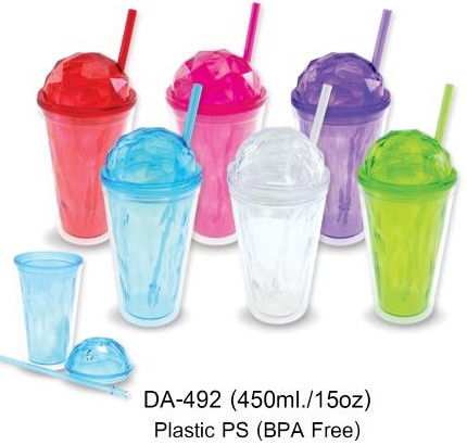 แก้วพลาสติก แก้ว 2 ชั้นแข็งแถมหลอดแข็ง แก้วพลาสติกแข็งพรีเมี่ยม BPA FREE รหัส DA492 ขนาด 450 ml