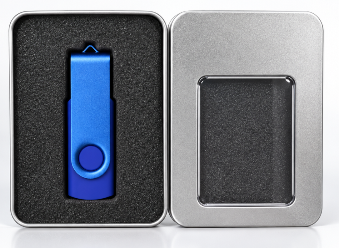 flash drive พร้อมกล่อง สินค้าพรีเมี่ยมเหมาะสำหรับเป็นของแจกของชำร่วย อยู่ในกล่องโลหะสีเงิน flash drive มีหลายสีขนาด 16 GB